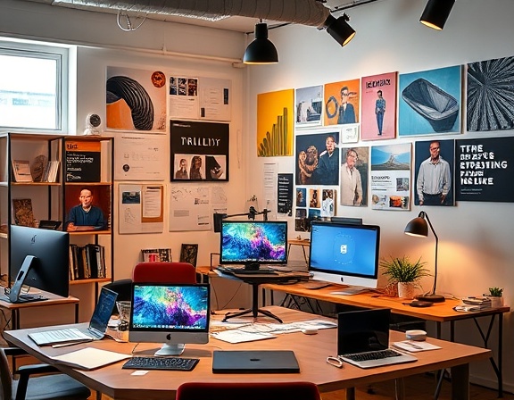 articulate brandvoice identity, expressive, commanding attention, photorealistic, modern creative workspace with mood boards and digital devices, highly detailed, interplay of digital screens, high resolution, vibrant colors, studio lighting, shot with an 85mm lens