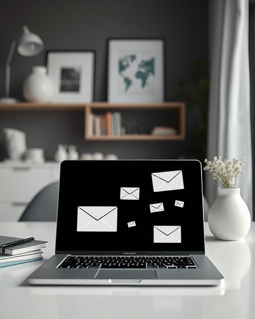 sleek email creative, purposeful expressions, catching attention dynamically, photorealistic, a modern home office with minimalistic decor, highly detailed, emails popping up on a laptop, crisp details, monochromatic tones, soft lighting, shot with a 50mm lens.