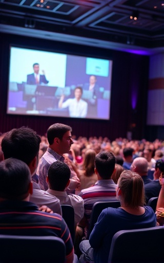 engaging video presentation, enthusiastic, captivating audience, photorealistic, conference hall with large projection screen and audience seats, highly detailed, speaker gestures and audience reactions, immersive audio-visual integration, vibrant colors, theatrical lighting, taken with a 70-200mm telephoto lens.