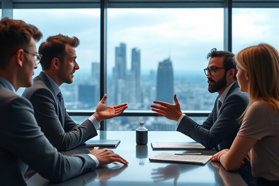 animated review interaction, expressive, discussing with a group, photorealistic, conference room with cityscape view, highly detailed, gestures emphasizing points, motion blur, cool color palette, directional lighting, shot with a 24mm f/2.8 lens.