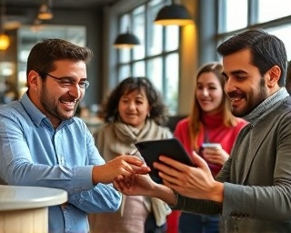 dynamic email graphics, enthusiastic expressions, composing messages passionately, photorealistic, a vibrant coffee shop setting with diverse patrons, highly detailed, animated graphics on a tablet, sharp details, warm hues, natural lighting from windows, shot with a prime lens.