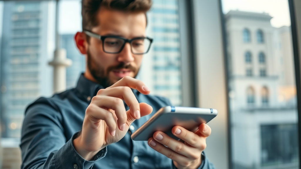 User browsing SEO-friendly URLs on smartphone, cityscape background, contemporary design