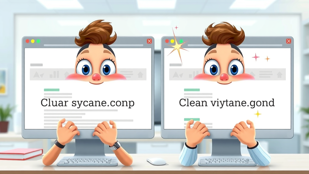 Comparison showing a cluttered dynamic URL vs. a clean optimized URL, digital workspace setting, animated sparkles highlighting optimized version