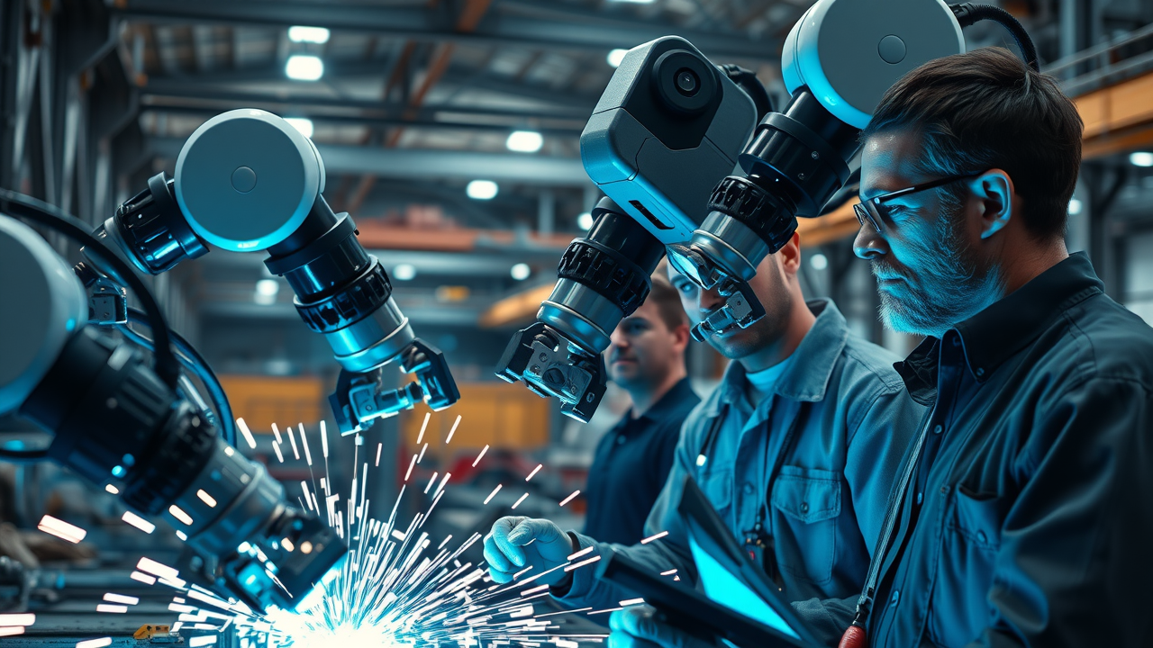 close-up of advanced robotized welding station, precision robotic arms in action, welding station, robotized welding, industrial base, highly detailed shipyard