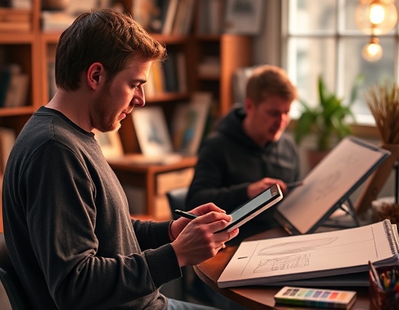 dynamic contentcreation, engaged, sketching, photorealistic, cozy studio with digital tablets and sketch pads, highly detailed, creative process, 50mm lens, vibrant colors, ambient lighting, shot with a Sony Alpha 7R IV.