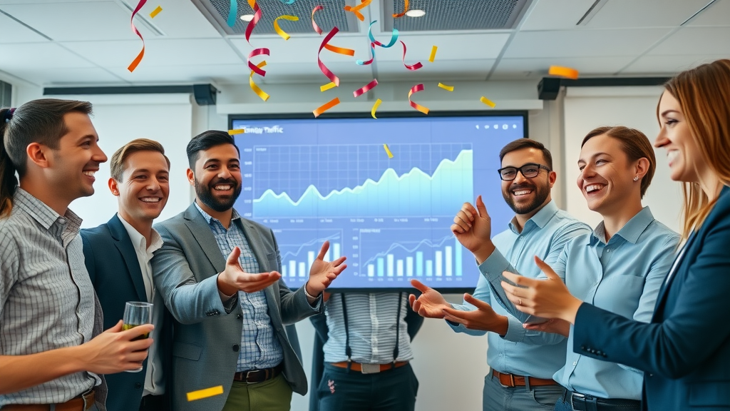 Business team celebrating traffic gains after optimizing SEO-friendly URL structure