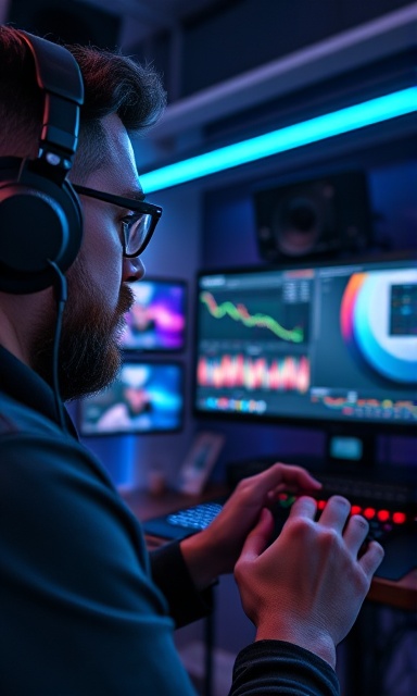 skilled video editor, concentrated, editing footage, photorealistic, modern editing suite with multi-screen display, highly detailed, dynamic timeline visuals, pixel-perfect precision, cool hues, LED backlight ambiance, shot with an 85mm portrait lens.