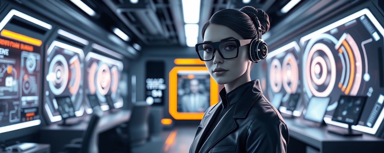 sleek virtual assistant, confident, optimizing performance, photorealistic, futuristic sci-fi lab with holographic displays, highly detailed, rotating 3D models, super high resolution, monochrome with neon accents, dramatic underlighting, shot with a 28mm lens