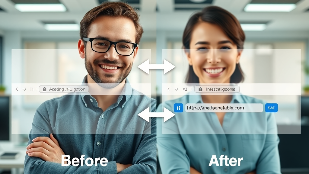 Transformation of website homepage: before confusing URL navigation, after clear optimized URL, split-screen modern office