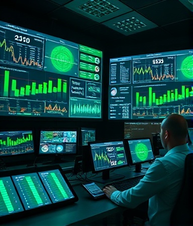 advanced video analytics, analytical, interpreting data, photorealistic, tech-filled control room with large data displays, highly detailed, animated graphs and charts, statistical metrics, green and white, ambient screen glow, recorded with a 35mm documentary lens.