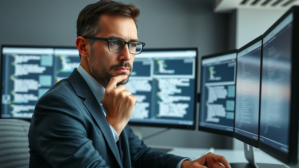 business professional analyzing technical SEO with focus on keyword-optimized URLs and internal linking strategies for enhanced search engine visibility