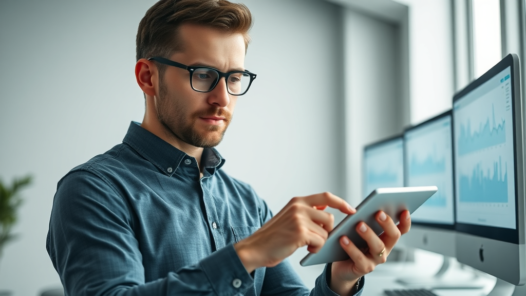 Innovative marketer using content intelligence tool with analytics tablet in modern office