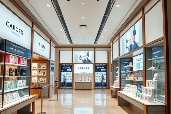 personalized retargeting experiences, bespoke, tailoring content, photorealistic, elegant retail space with digital signage, highly detailed, animated product displays, sharp and vivid, pastels and whites, spotlight illumination, shot with a zoom lens.
