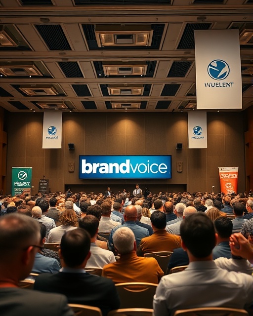 clear brandvoice message, focused, communicating impact, photorealistic, professional conference hall with banners and logos, highly detailed, presence of diverse audience, crisp image quality, neutral tones, spotlight illumination, shot with a 24mm lens