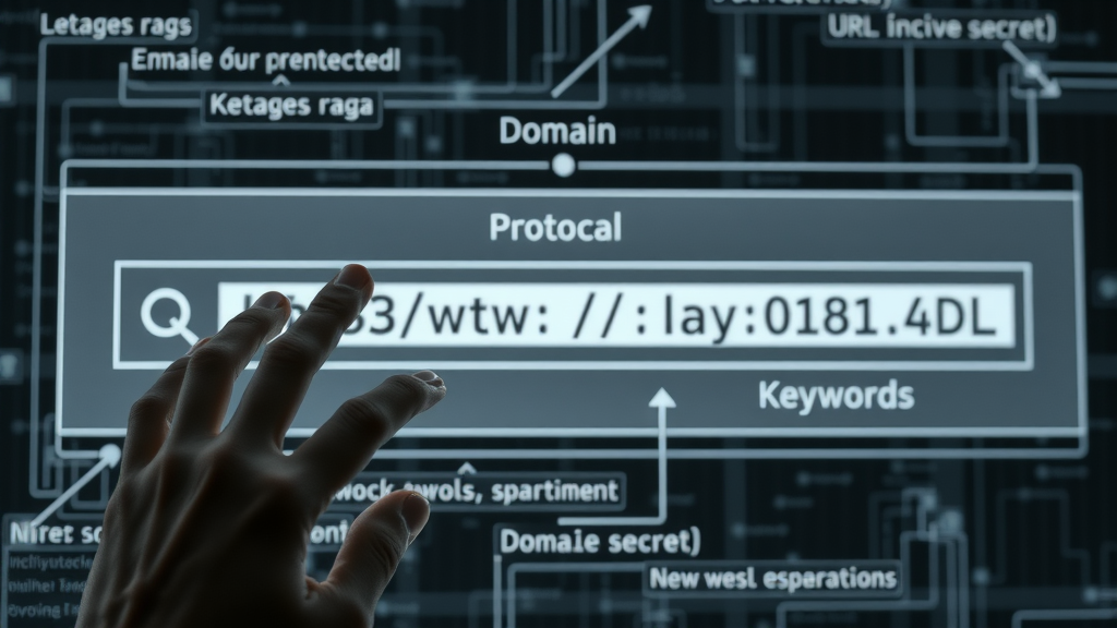 Polished diagram illustrating URL structure: protocol, domain, keywords, with flow arrows, digital presentation style