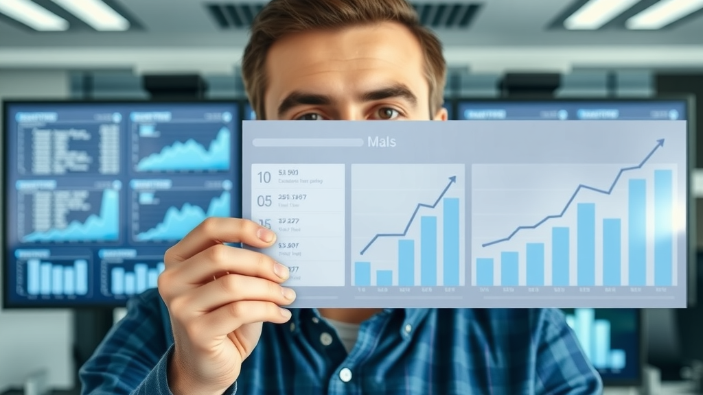 Sleek website analytics dashboard showing ranking improvements for keyword-optimized URLs, modern office background, blue and white tones