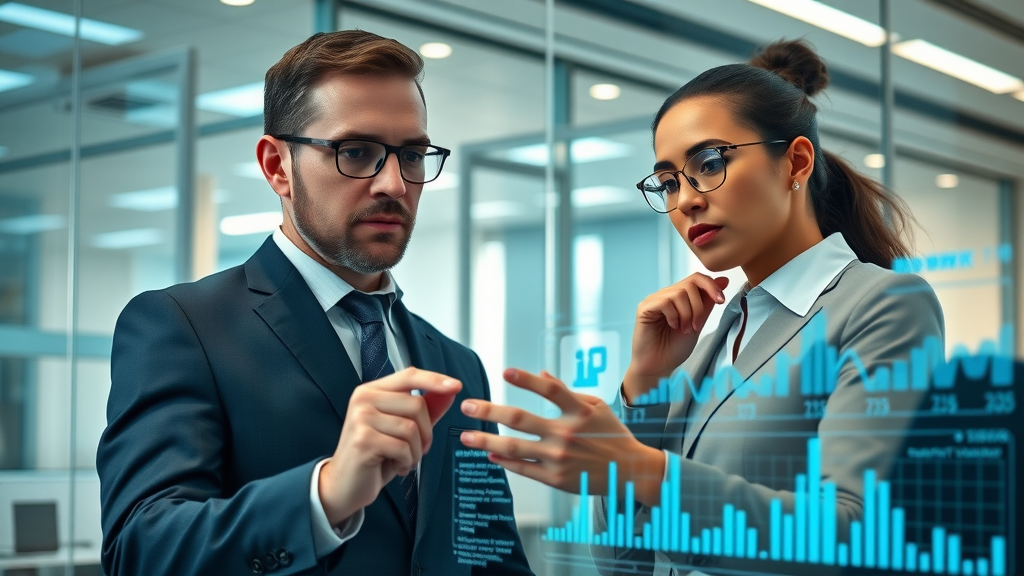 AI content intelligence: business professionals analyzing digital data in modern corporate office