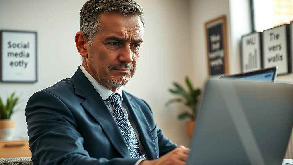 concerned businessperson reviewing social media analytics