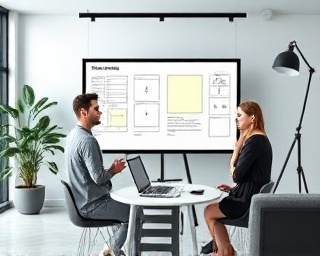 minimalist email campaign, thoughtful expressions, designing layouts meticulously, photorealistic, a chic co-working space with modern furniture, highly detailed, digital drafts on a smartboard, clean lines, sleek black and white, studio lighting, shot with a zoom lens.