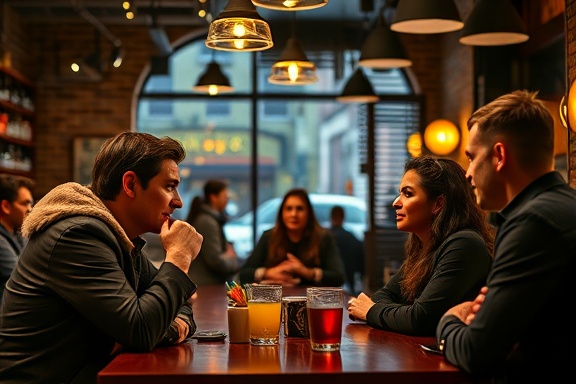 distinctive brandvoice personality, charismatic, engaging in dialogue, photorealistic, trendy cafe setting with urban ambiance, highly detailed, interactions with lively clientele, vivid contrast, rich vibrant colors, ambient lighting, shot with a 70mm lens