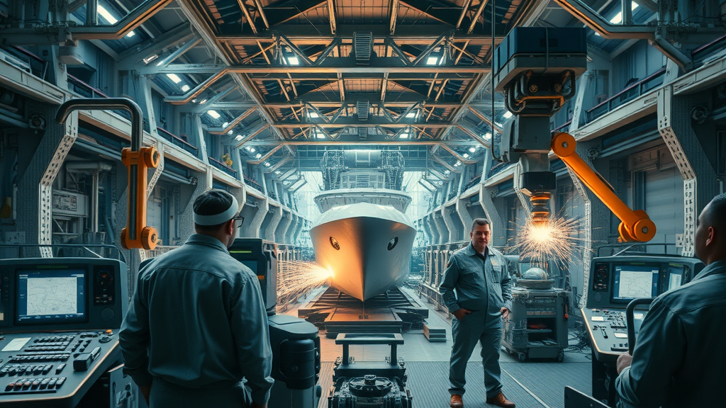 futuristic shipyard interior, advanced automated production lines, engineers overseeing control panels, shipyard of the future, ingalls shipbuilding