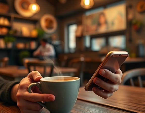 engaged review reply, thoughtful, using a smartphone, photorealistic, cozy coffee shop with rustic decor, highly detailed, steam rising from a coffee cup, shallow focus, warm tones, ambient lighting, shot with an 85mm f/1.8 lens.