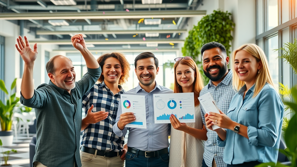 Digital content team celebrating improved content performance with intelligence dashboards