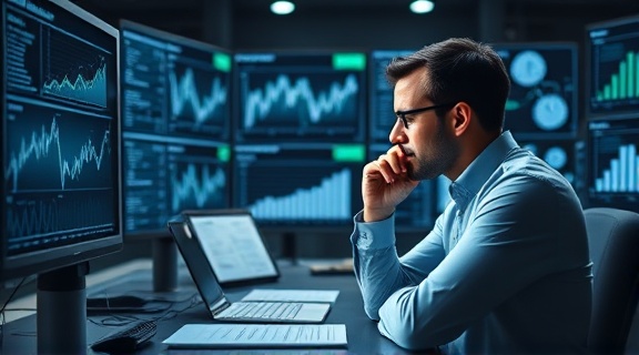 insightful analytics, thoughtful, calculating, photorealistic, high-tech workspace with data charts, highly detailed, real-time data tracking, 35mm lens, monochromatic palette, clear daylight lighting, shot with a Pentax K-1.