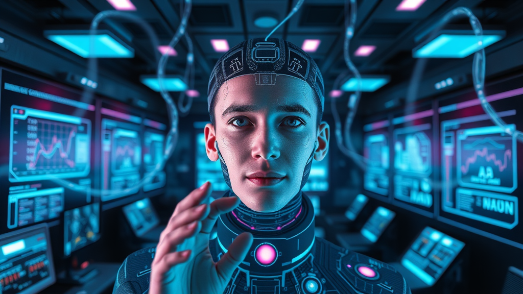 AI content intelligence system visualizing vast data streams and analyzing with futuristic interface