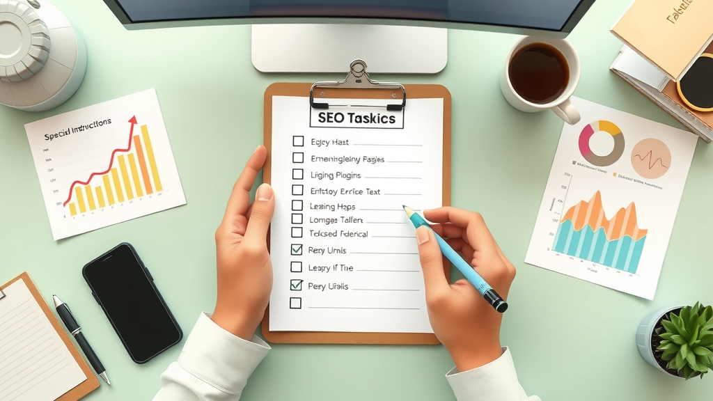organized SEO checklist featuring tasks for keyword-optimized URLs, headings structure, and internal linking implementation