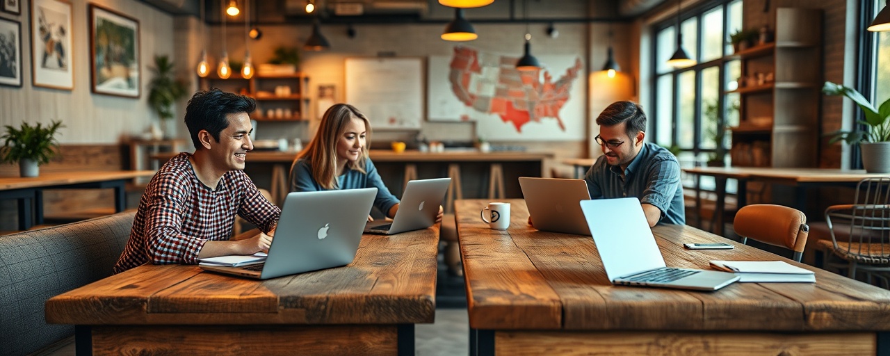 collaborative approach to email building, friendly and open, brainstorming, photorealistic, tech-savvy café environment, highly detailed, laptops and notebooks on rustic wooden tables, crisp details, earthy colors, cozy ambient lighting, shot with a Panasonic 25mm lens.