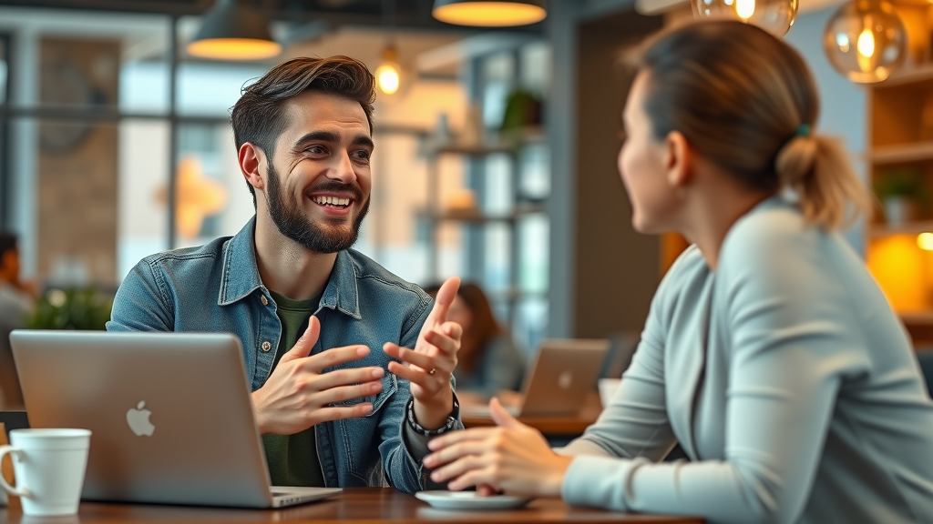 Influencer discussing sponsored content partnership for nedia site monetization in a lively café