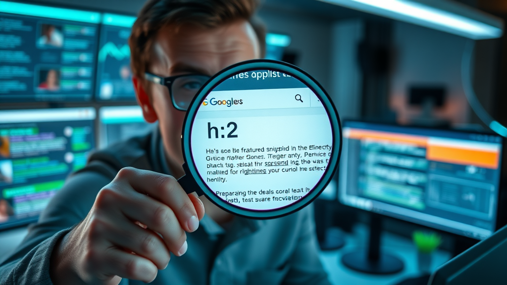 magnifying glass over webpage with h2 and h3 heading tags optimized for featured snippet