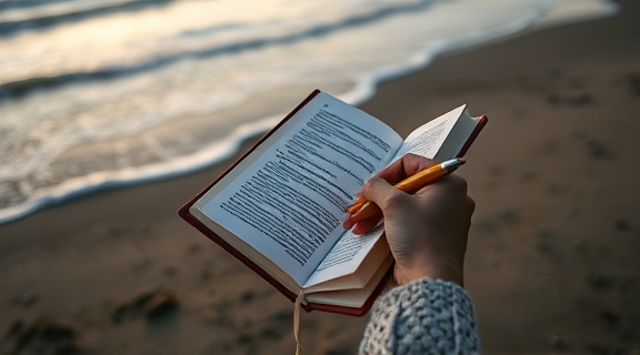 insightful blogging journey, reflective, writing a personal story, photorealistic, serene beachside setting with a journal in hands, highly detailed, gentle waves lapping the shore, sharp focus, earthy tones, soft twilight illumination, shot with a 70-200mm lens.