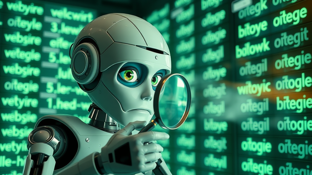 Search engine bot inspecting website URLs with a magnifying glass in a glowing server room, keywords highlighted