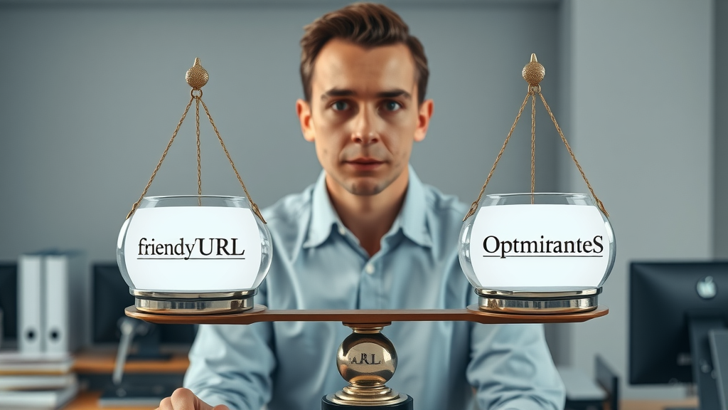 Balanced scales weighing friendly URLs vs. optimized URLs, person deciding, modern office background