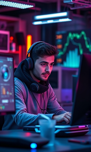 innovative keyword planner, creative, designing campaign strategies, photorealistic, in a tech-driven workspace with futuristic gadgets, highly detailed, scrolling data visuals, ultra-sharp, pastel colors, ambient lighting, shot with an 85mm lens.