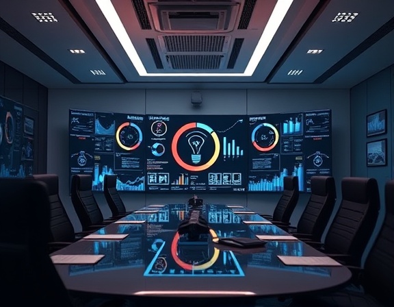 dynamic retargeting display, eye-catching, animating elements, photorealistic, modern conference room with multiple screens, highly detailed, interactive charts and graphics, ultra-high resolution, cool tones, fluorescent lighting, shot with a macro lens.