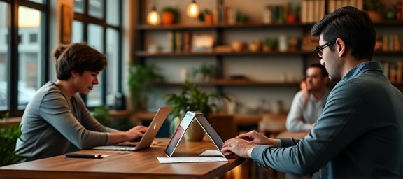 effective retargeting campaigns, compelling, optimizing strategies, photorealistic, cozy café with laptops and notebooks, highly detailed, people engaged in online analysis, soft focus, earthy tones, ambient lighting, shot with a 50mm prime lens.