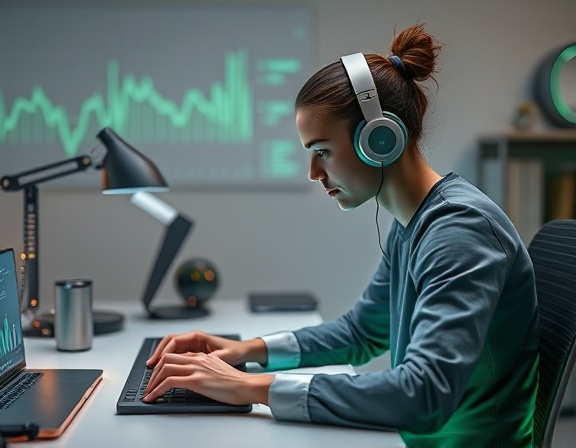 futuristic assistant technology, focused, interacting with user, photorealistic, minimalistic desk setup with smart gadgets, highly detailed, digital data flow visualization, sharp resolution, metallic and green, ambient lighting, shot with a 35mm lens