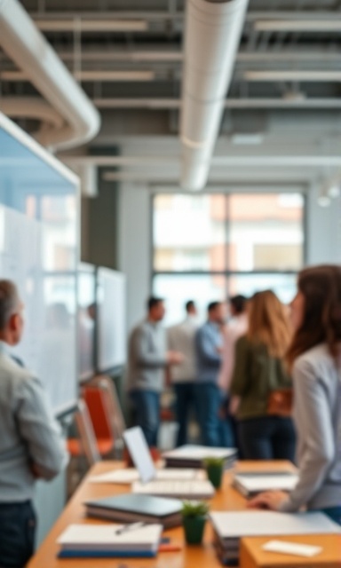 dynamic building tactics, analytical and precise, executing, photorealistic, bustling coworking space with whiteboards, highly detailed, people actively collaborating, bokeh effect, vibrant colors, diffused natural light, shot with a Nikon 50mm lens.