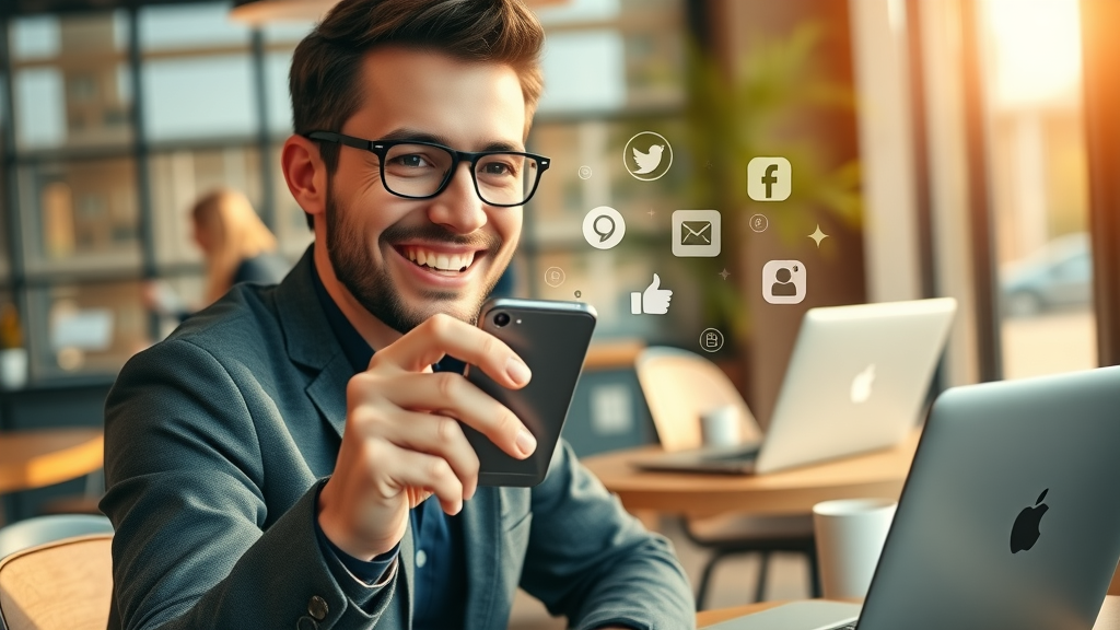 Content marketer sharing sleek URL via social platforms, animated sharing icons, urban café setting