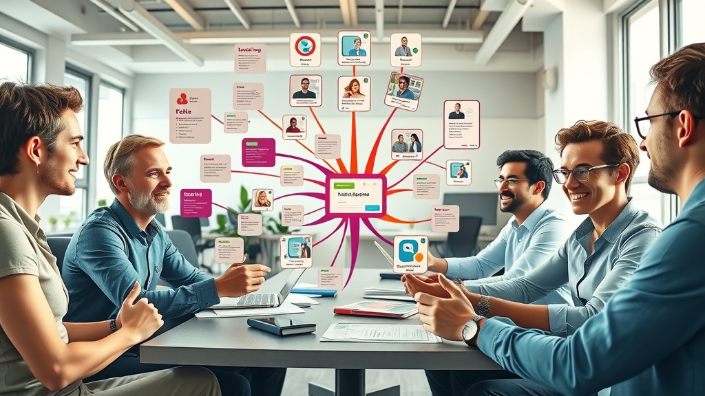 SEO team mapping digital mind map of topic clusters with internal links connecting related blog posts for maximum SEO authority