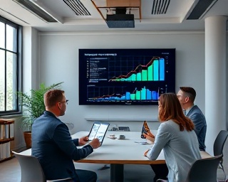 strategic email campaign, analytic expressions, brainstorming collaboratively, photorealistic, a corporate meeting room with a large screen, highly detailed, graphs and charts on a screen, precise details, neutral tones, overhead lighting, shot with a wide-angle lens.