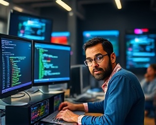 efficient email automation, curious expressions, setting up systems confidently, photorealistic, a tech-savvy startup environment with high-tech gadgets, highly detailed, code and metrics displayed on monitors, high-definition clarity, cool colors, ambient lighting, shot with a tilt-shift lens.
