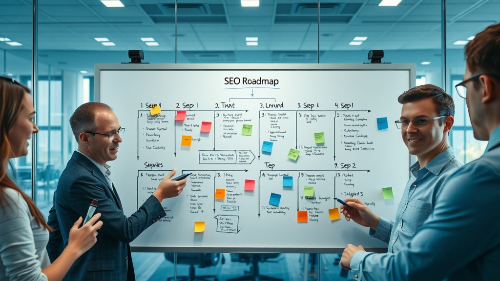 digital whiteboard showing step-by-step internal linking strategy, best practices flowchart, and SEO team collaboration