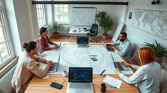 cutting-edge mediaplanning, decisive, mapping out, photorealistic, creative agency meeting room filled with laptops and paperwork, highly detailed, planning in action, 24-70mm lens, pastel hues, diffused window lighting, shot with a Leica SL2.