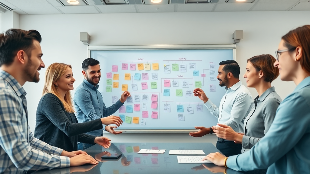 Strategic team planning AI-powered content strategy with interactive whiteboard