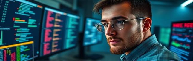 analytical JimBroad SEO, focused expression, analyzing search data, photorealistic, high-tech lab with multiple monitors, highly detailed, coded data flowing on screens, sharp focus, cool colors, LED lighting, shot with a fisheye lens.