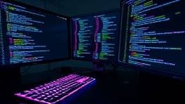 technical JimBroad SEO, analytical expression, coding algorithms, photorealistic, high-tech setup with LED lit keyboards, highly detailed, code lines cascading on monitors, crisp resolution, dark mode colors, track lighting, shot with a prime lens.